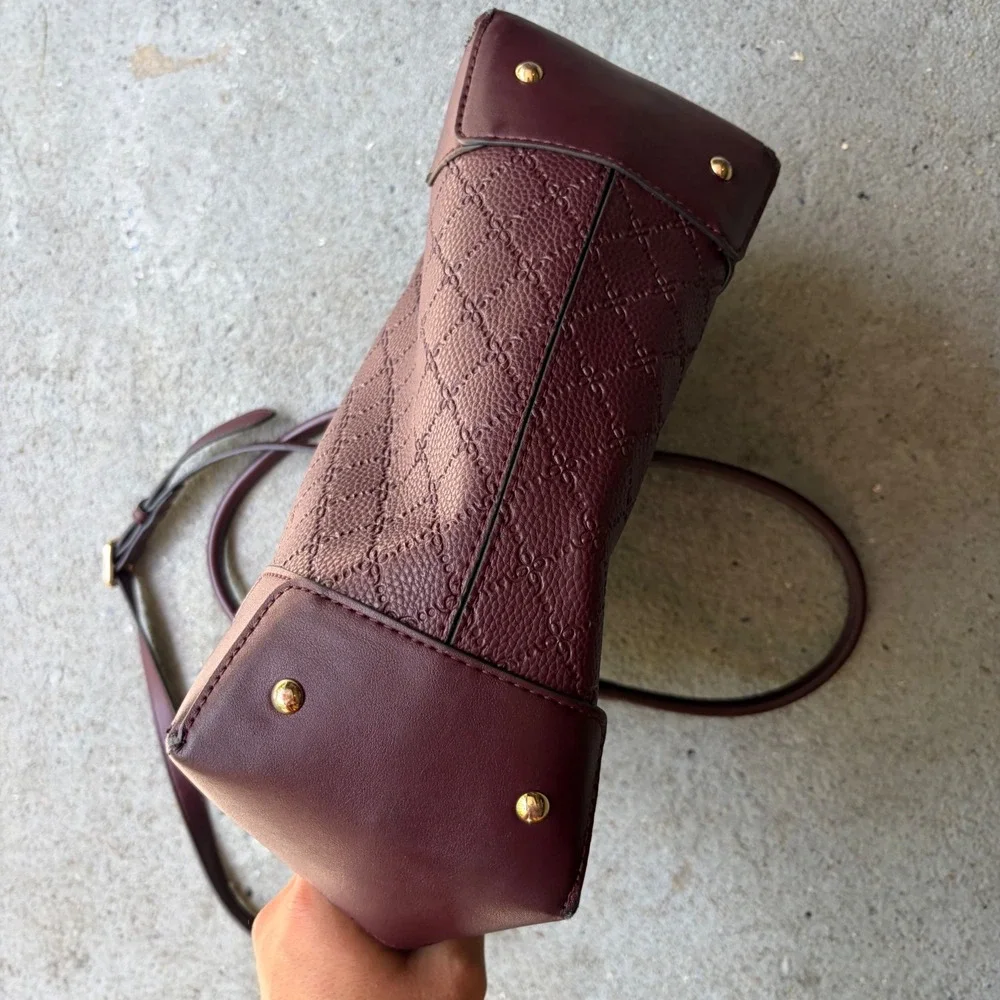 Nine West Burgundy Quilted Monogram Satchel Crossbody Handbag Gold Hardware